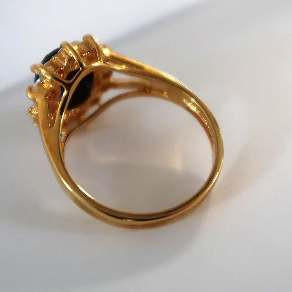 Mens 14K Gold Electroplate Ring Blue Center Stone White Accents Sz 8.75